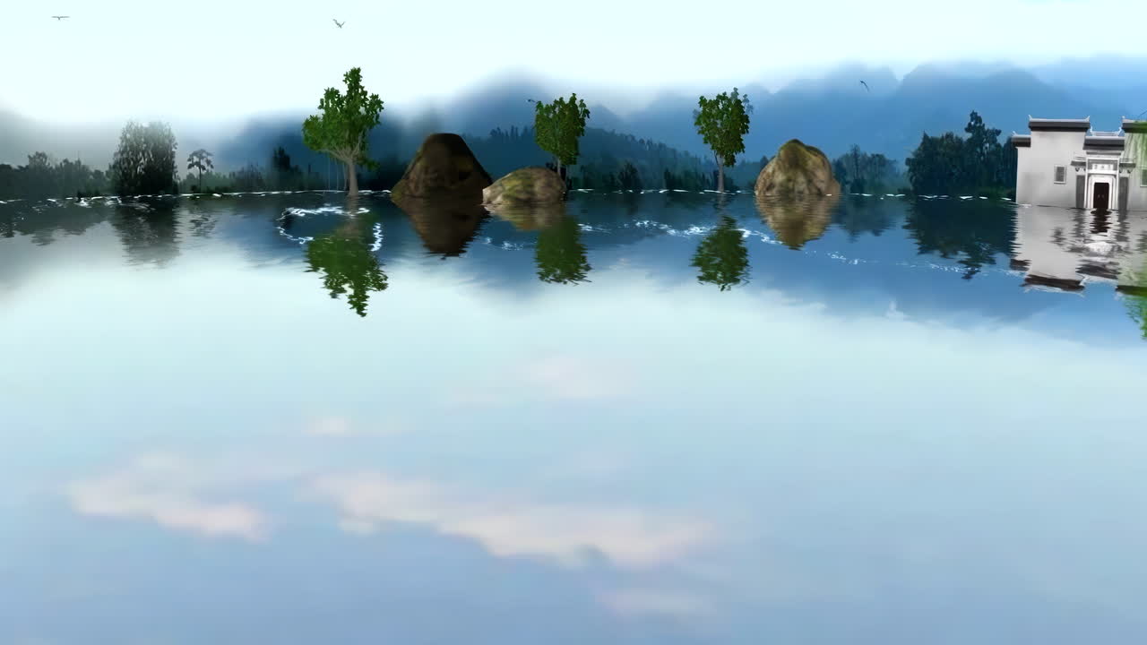 Tranquil Asian-Inspired Landscape with Reflective Waters
