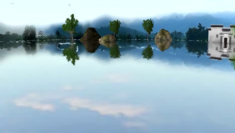 tranquil asian-inspired landscape with reflective waters