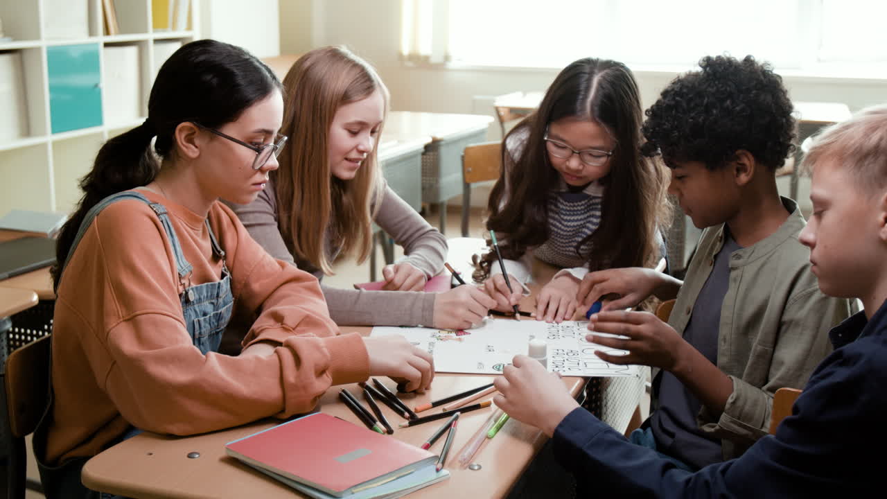 Diverse Students Collaborating on a Creative Project in a Classroom