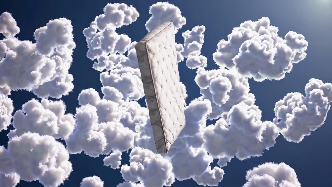 Aerial view of a mattress floating among fluffy clouds against a blue sky, creating a dreamy