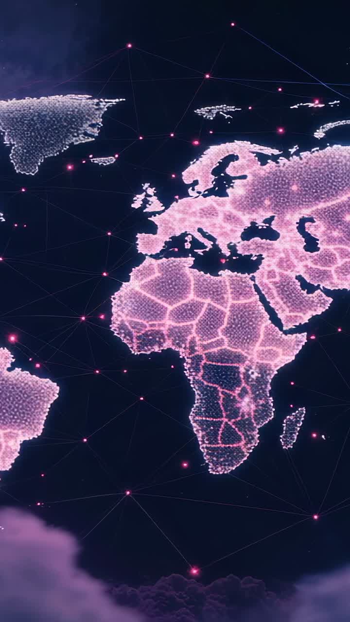 Vertical video: Opening darkness in space, revealing pink node mesh clouds symbolizing data flow