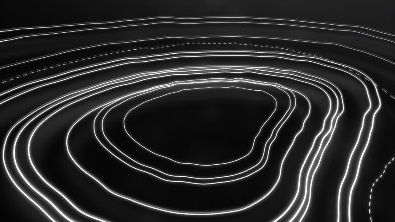 검은색 배경에 대해 원형으로 움직이는 반 ⁇ 이는 선의 애니메이션