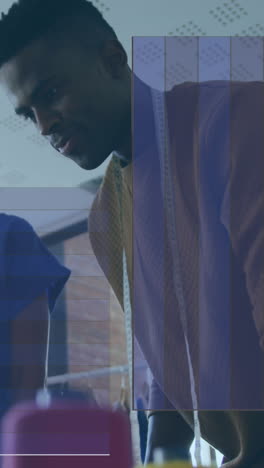 Animation of financial data processing over african american business people in office