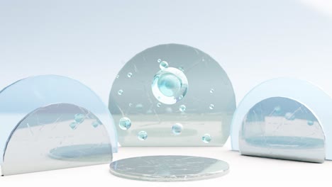 Levitating crystals above glass display. 3d animation loop