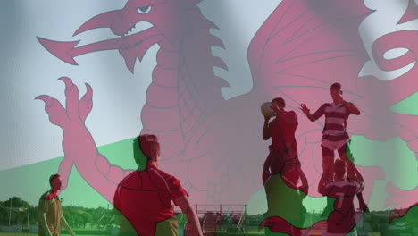 animation of flag of wales over diverse male rugby players playing rugby