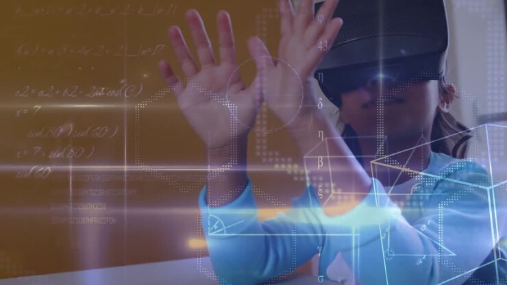 Animation of mathematical formulas over biracial wearing vr headset