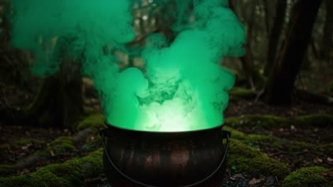 A Mysterious Cauldron Emitting Enigmatic Green Smoke in a Lush Forest Setting, Capturing the Essence of Magic and Alchemy in Nature's Embrace