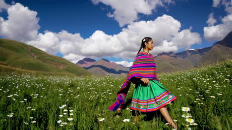 woman in traditional attire walks through a mountainous flower field