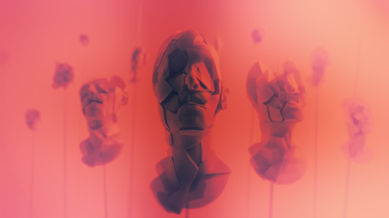 Destroyed android heads on spikes on the neon pink background