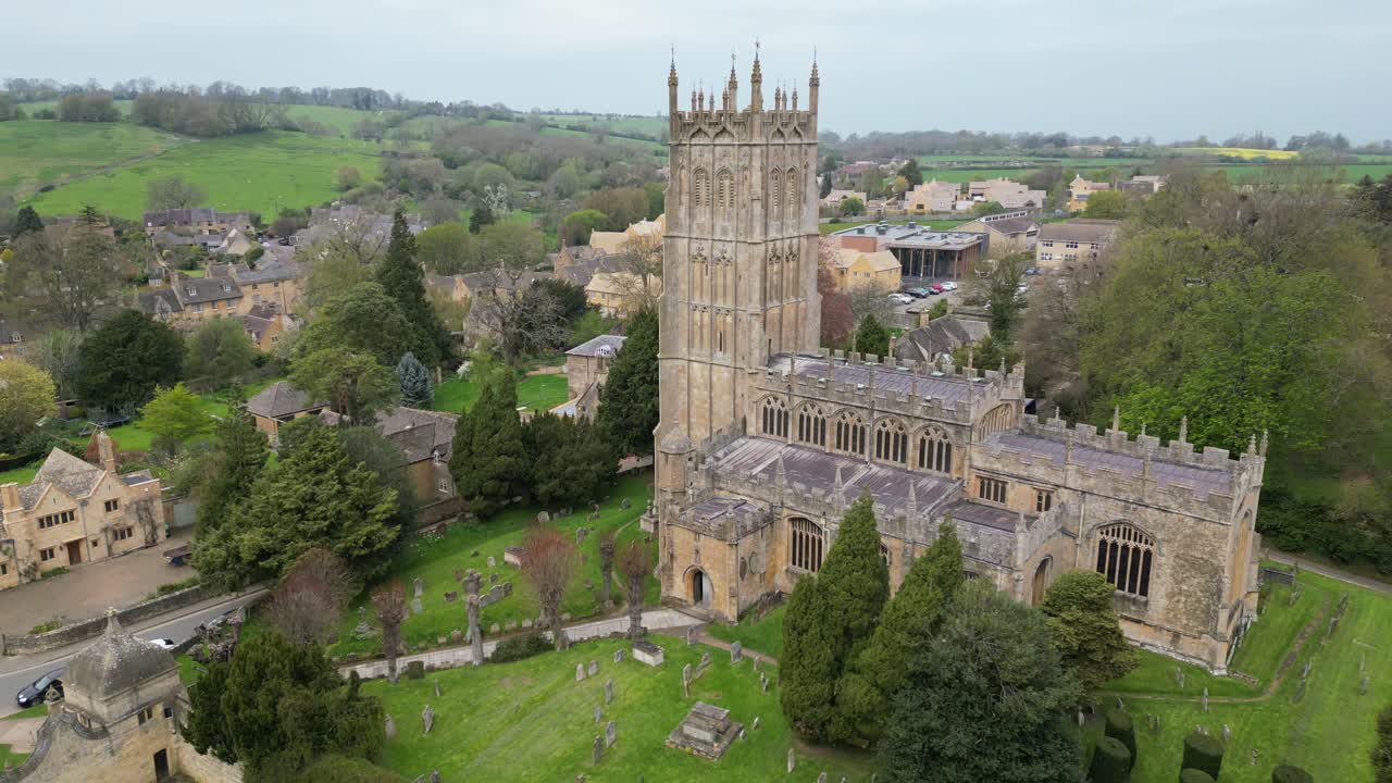St James' Church Chipping Campden Cotswolds UK drone aerial view
