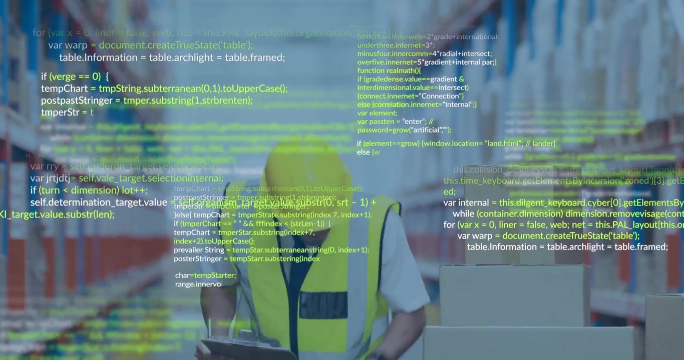 Animation af digital databehandling over en kaukasisk mand, der arbejder på et lager.
