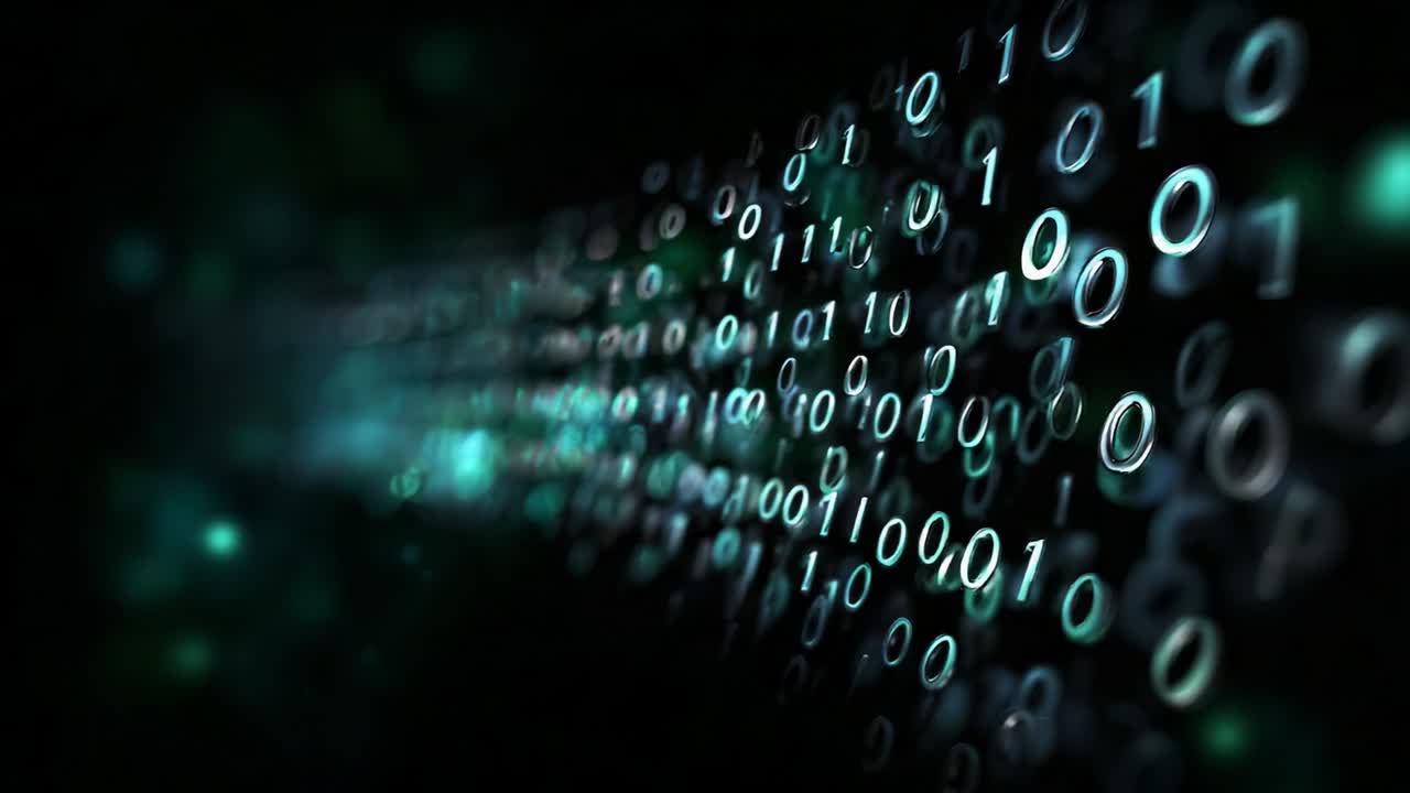 A captivating representation of digital data flowing in an abstract background of binary code, symbolizing the infinite possibilities of technology, communication, and information exchange in a modern world
