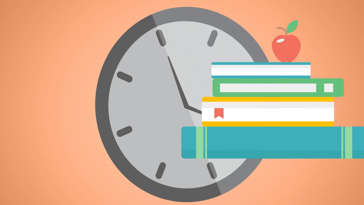 Animation of school items icons moving on red background