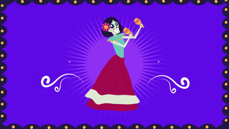 animación viva mexico con catrina cráneo jugando maracas