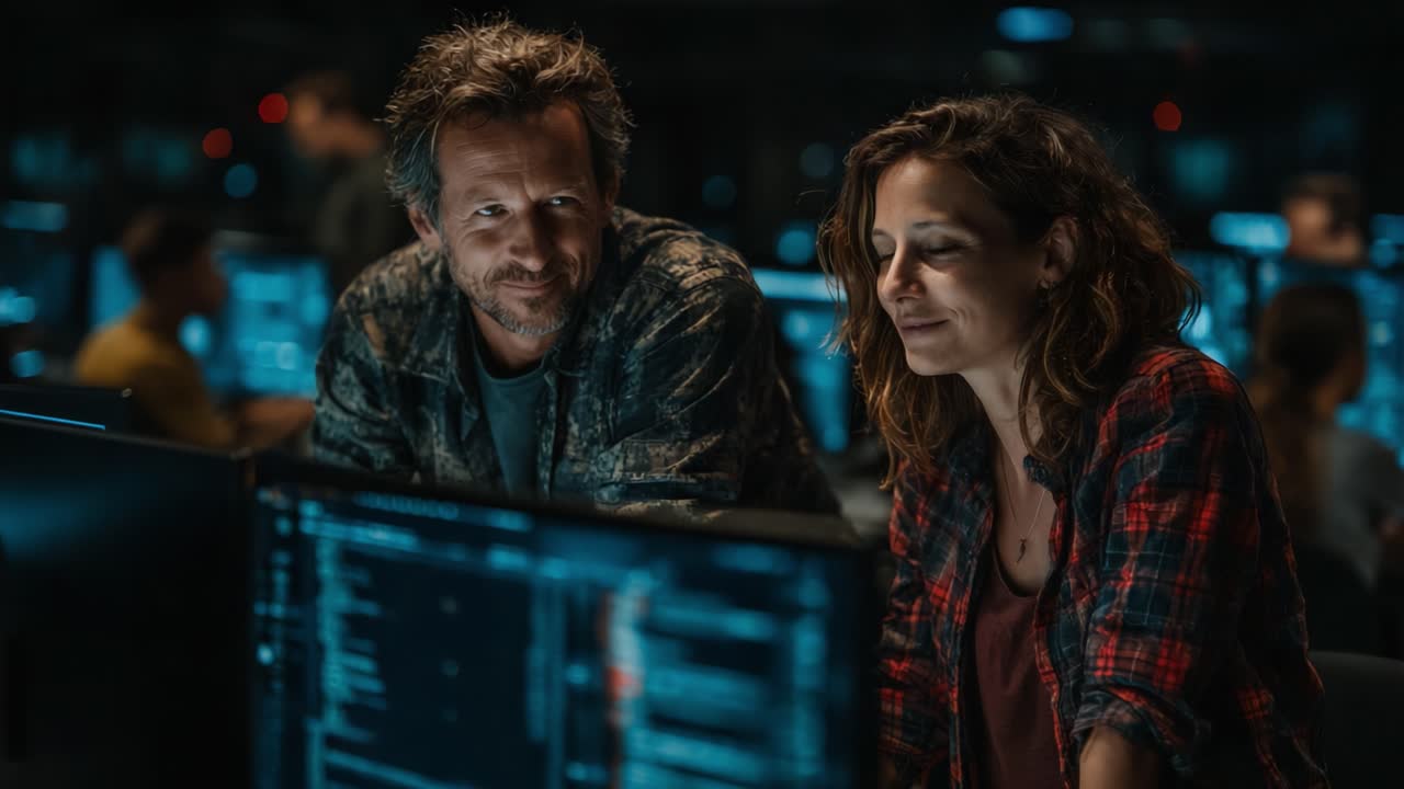 Engaging Interaction Between Two Colleagues in a High-Tech Control Room, Focusing on Data Analysis, Technology, and Collaborative Problem Solving in Modern Work Environments