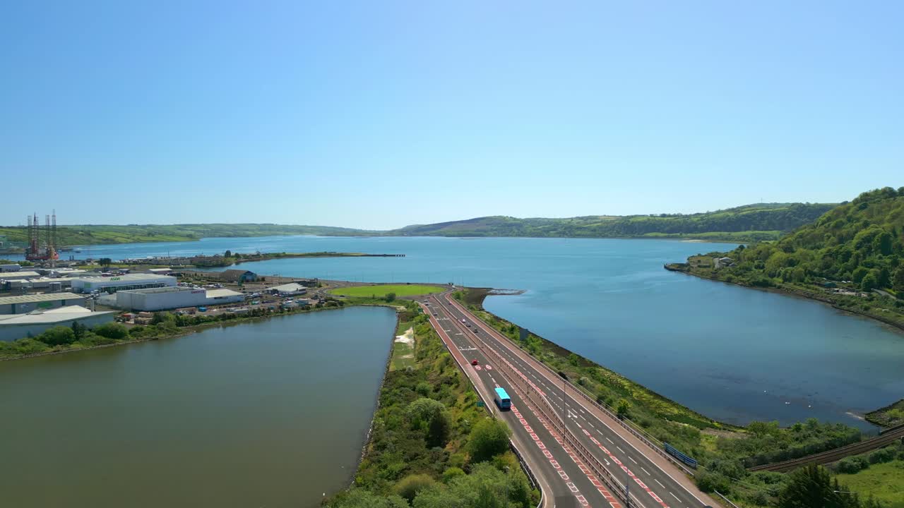 Advancing aerial video of Larne, County Antrim in Northern Ireland, UK on a bright and sunny day. Filmed in 4K, 60FPS and with Rec709 color.