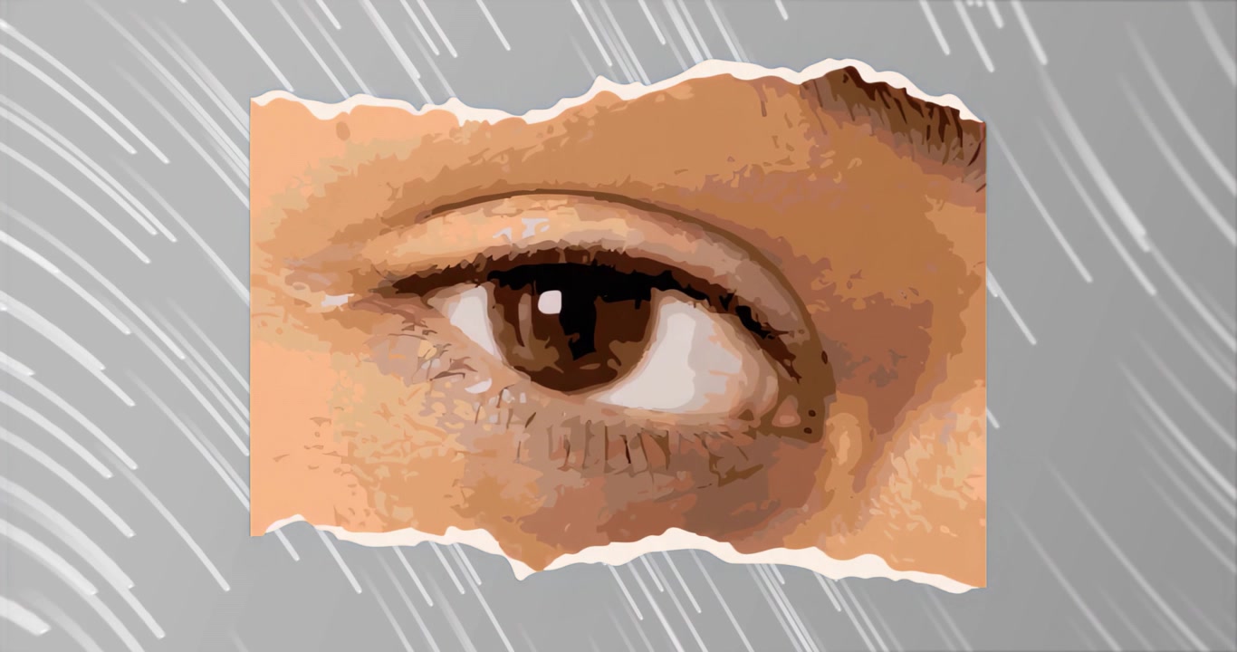 Animation start showing single human eye opening, blinking, shifting gaze to simulate blink loop
