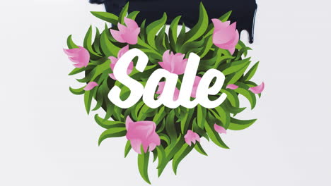 animación del texto de venta en blanco sobre flores rosadas sobre la pintura negra que gotea sobre el blanco