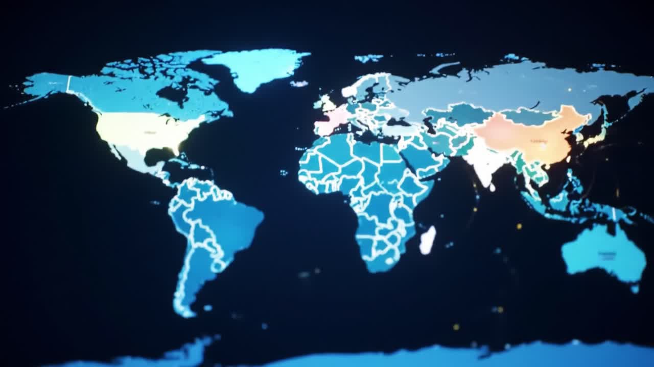 A detailed world map vividly displays different countries and regions with illuminated borders. This visual representation aids in understanding global geography and location dynamics in real time.