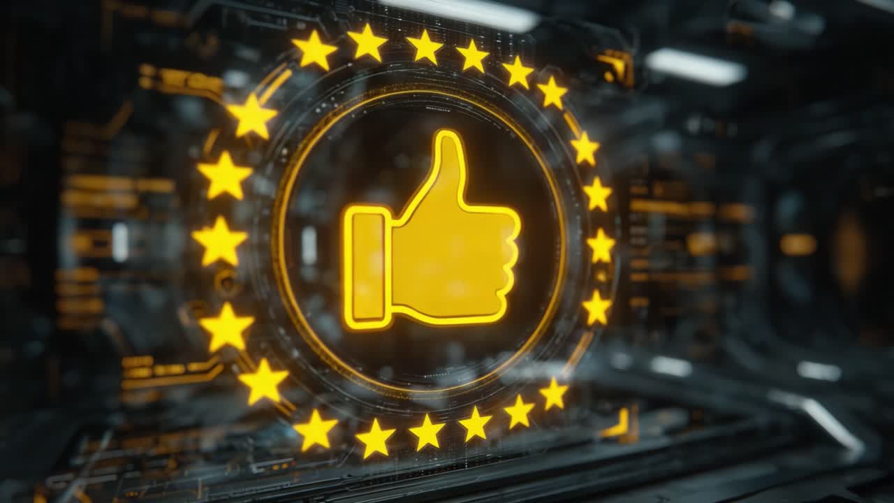 A digital interface showcasing a glowing thumbs-up icon surrounded by glowing stars, representing approval and positive feedback in a futuristic setting