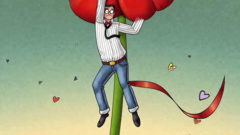 man holding up a big flower on top of a gift box