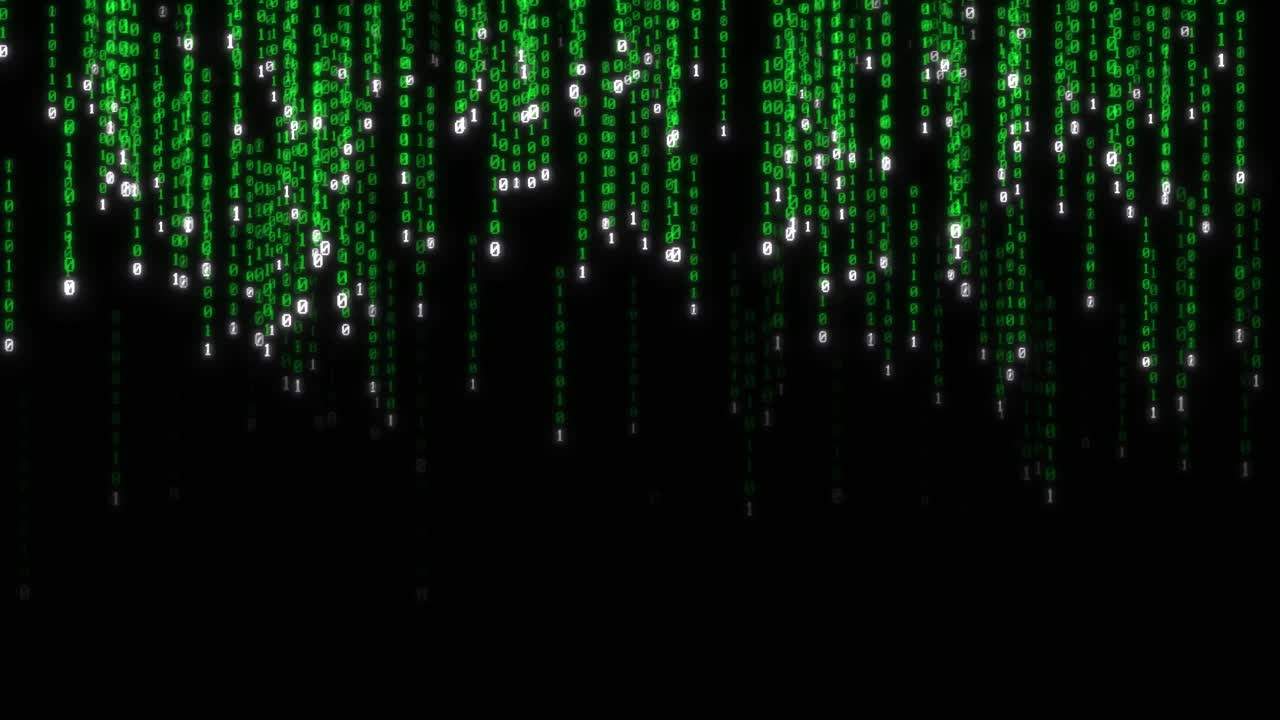 Grøn digital datamatrix-effekt, der falder ned fra toppen af skærmen på sort baggrund, 3D-animation