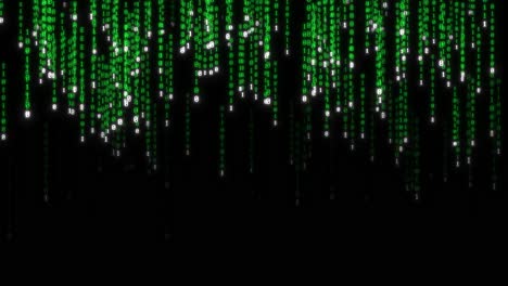 efecto de matriz de datos digitales verdes que cae desde la parte superior de la pantalla sobre fondo negro animación 3d