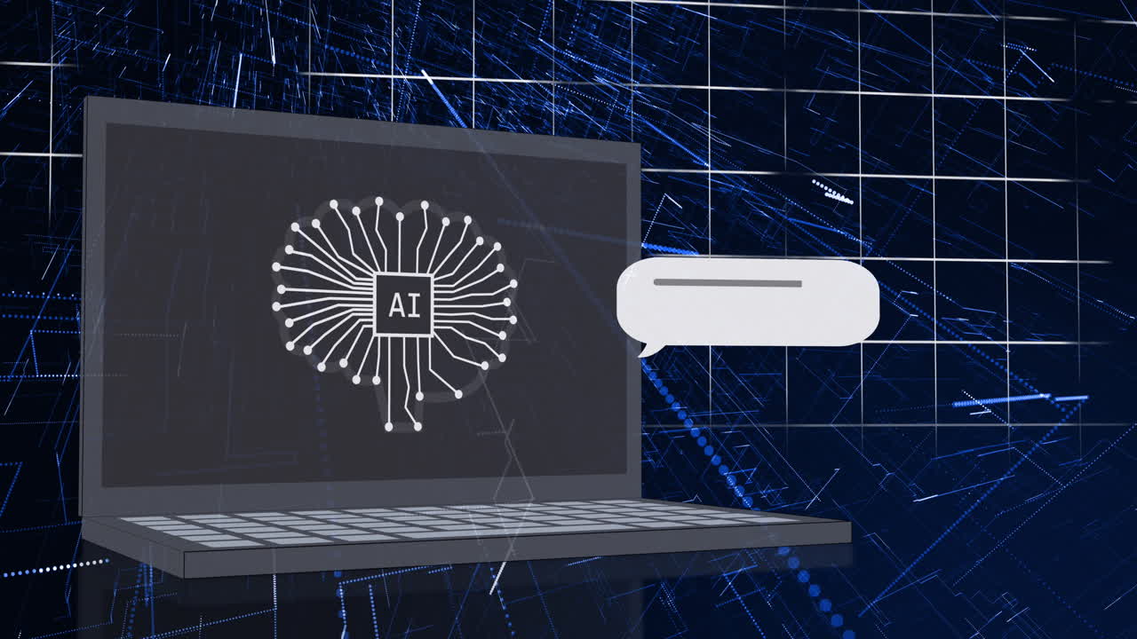 Animation of ai chat and data processing over laptop on blue background