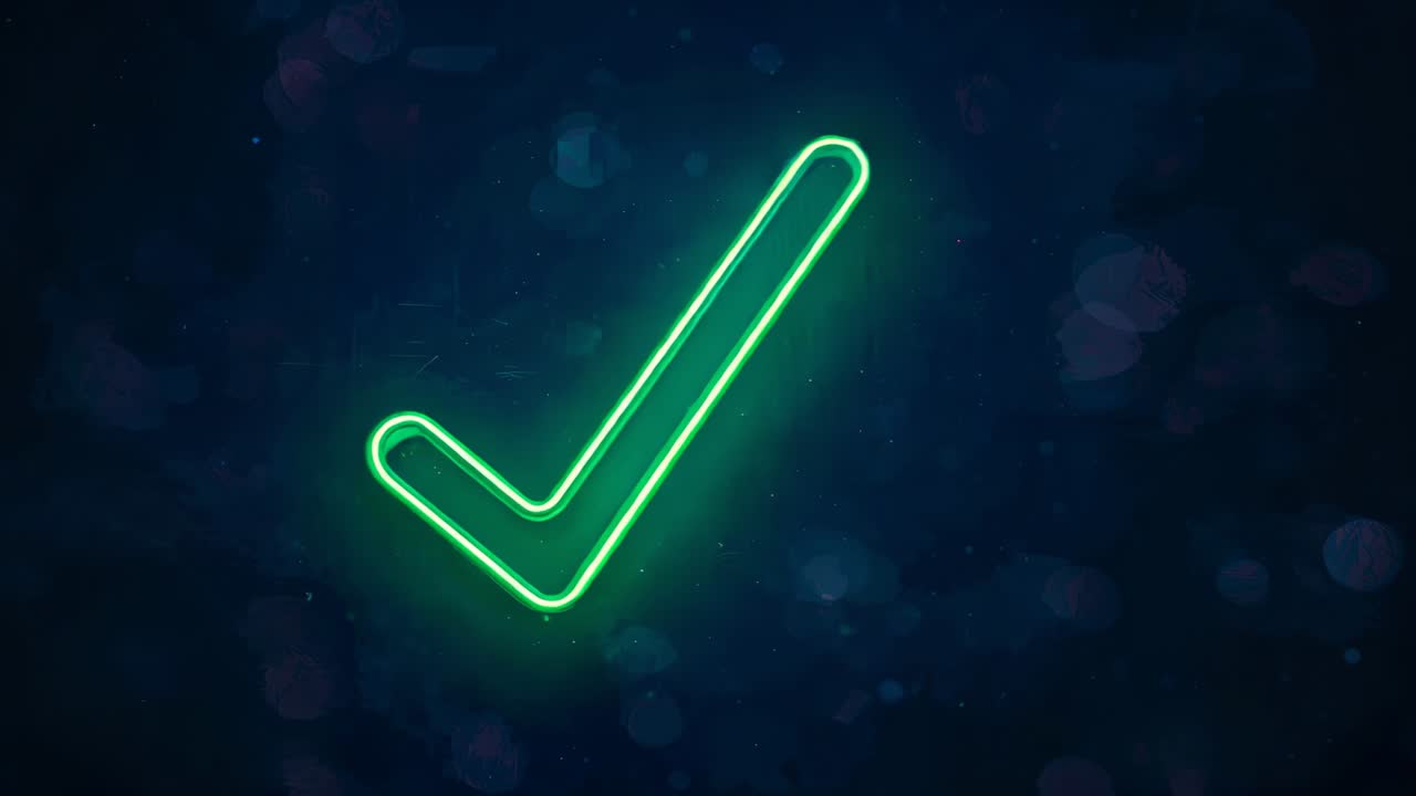 Animating neon green check appearing to introduce symbol in dark space, emitting particles, bokeh
