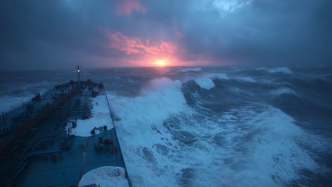 A Majestic Sunrise Over Turbulent Seas: The Striking Contrast of Warm Colors Against the Dark Stormy Sky Captured from a Ship's Perspective