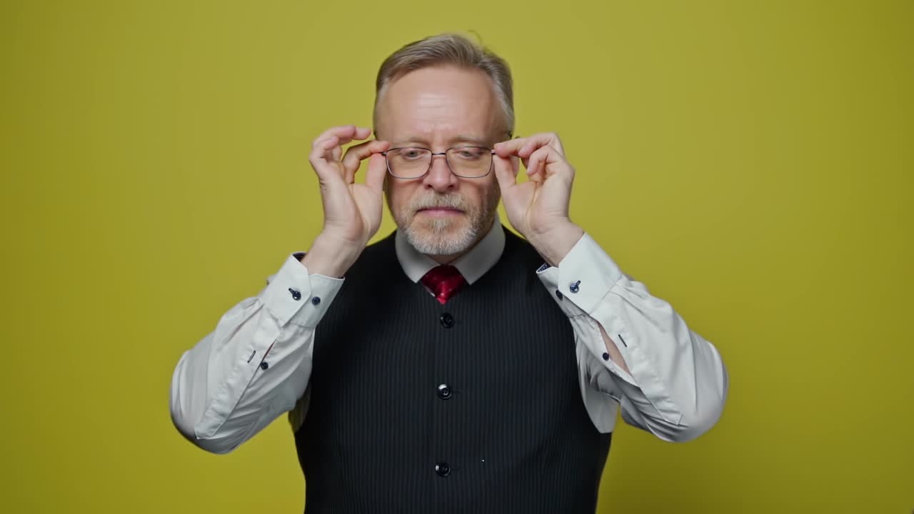 Funny grey-haired man putting on glasses. Senior man in elegant clothing with eyeglasses making amusing eyes on yellow background. Slow motion.