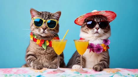 two cats in sunglasses and floral leis, sipping drinks video