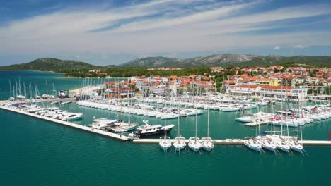 croatia, town of pirovac, panoramic view of marina with sailboats
