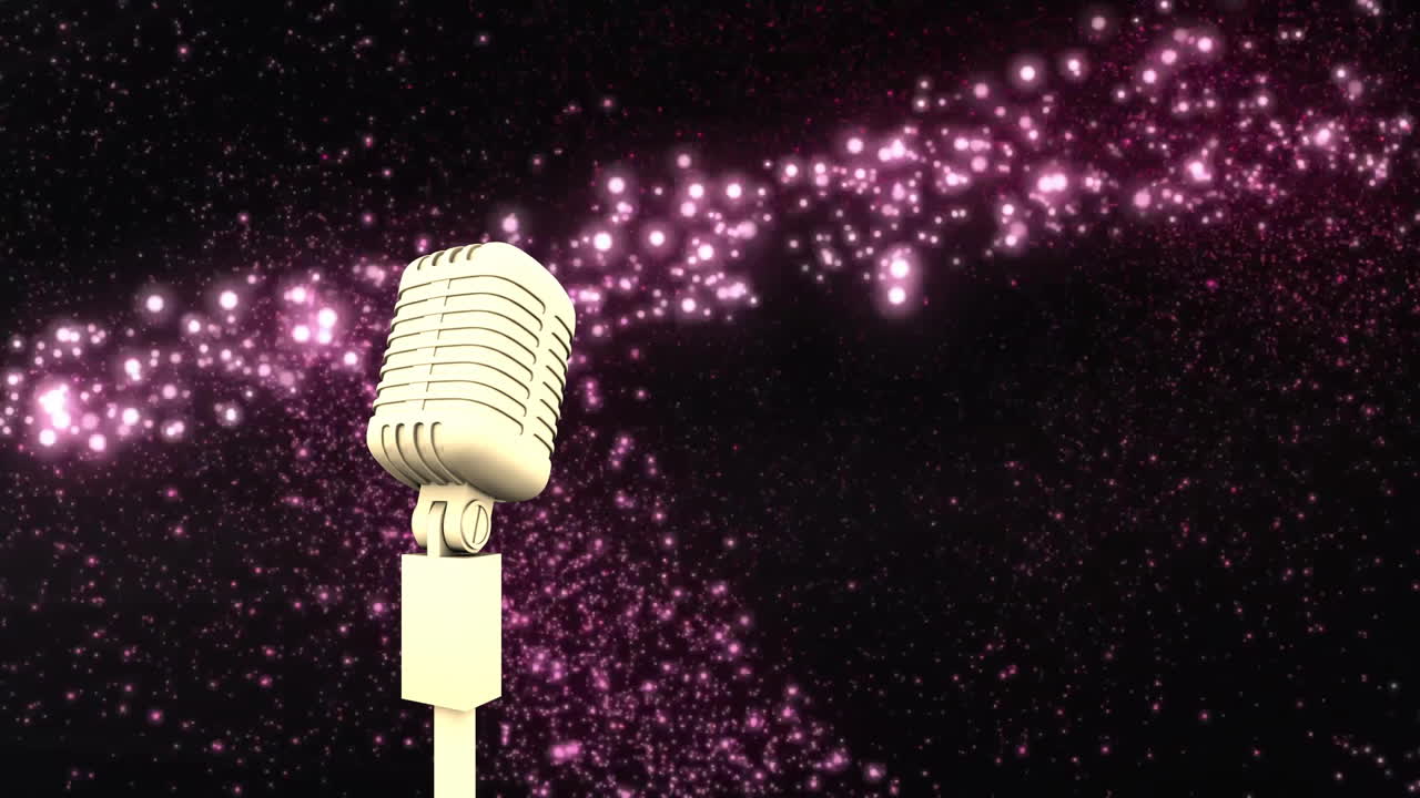 Animation of retro microphone with copy space over glowing purple spots of light on dark background