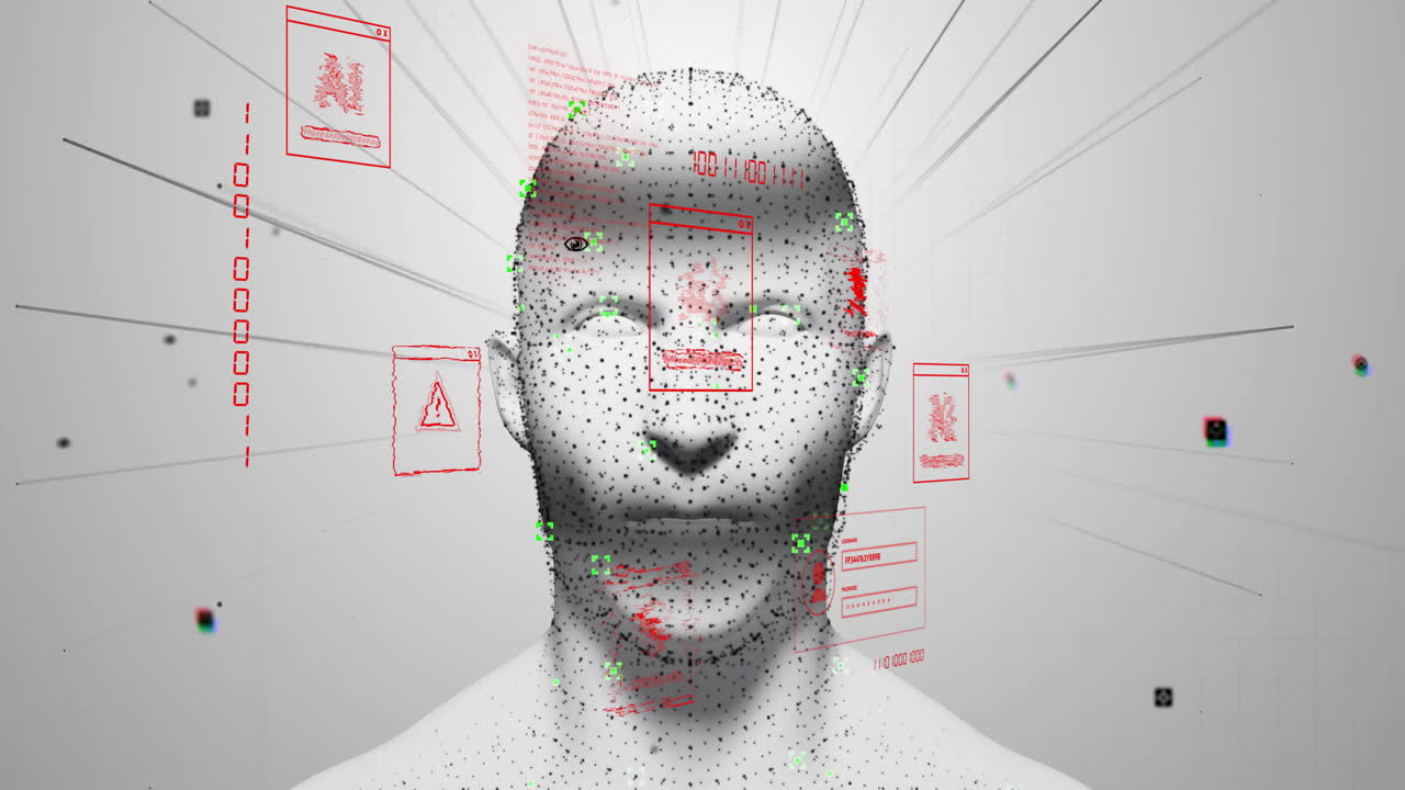 Animation of data processing and ai texts over digital human spinning