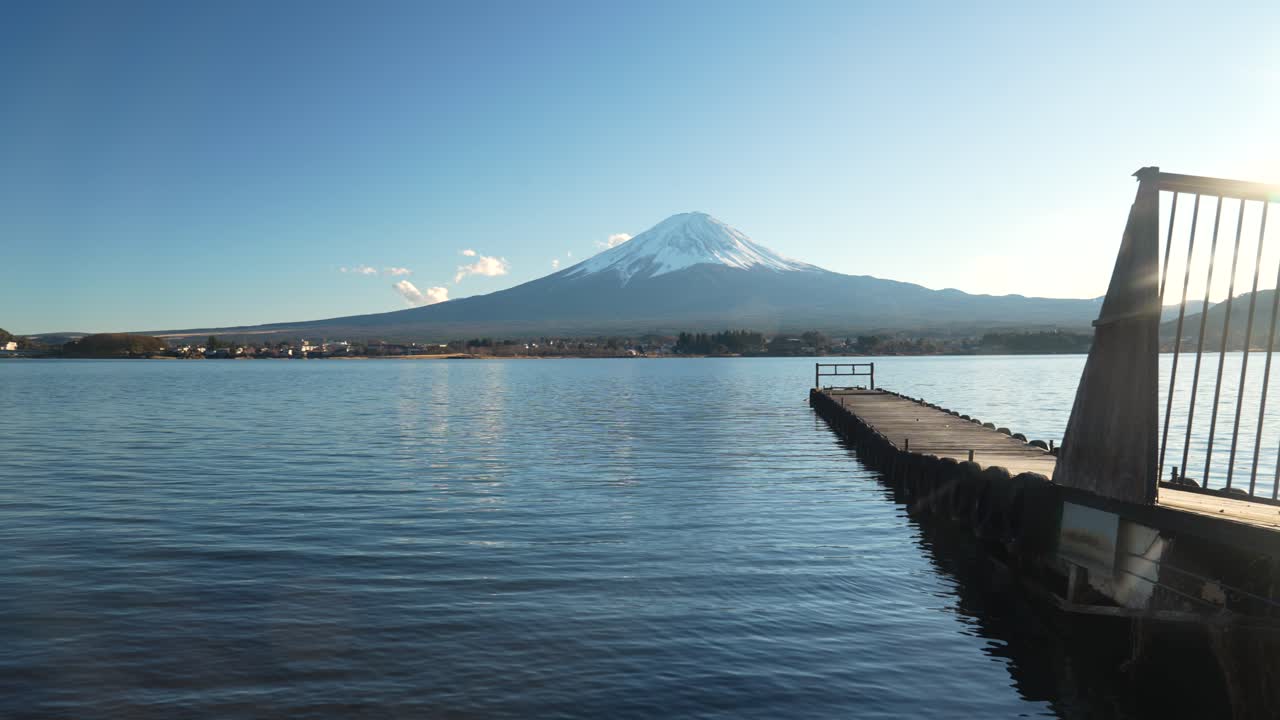 Mount Fuji and Kawaguchiko Lake on Sunny Autumn Evening, Wide Panoramic View, Japan