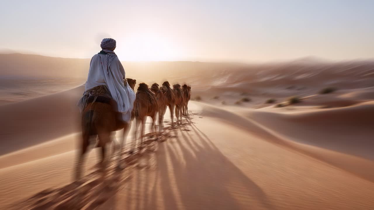 Viaggio nel deserto al crepuscolo: carovana di cammelli che attraversa le sabbie dorate verso il sole al tramonto con lunghe ombre che illuminano l'orizzonte salato