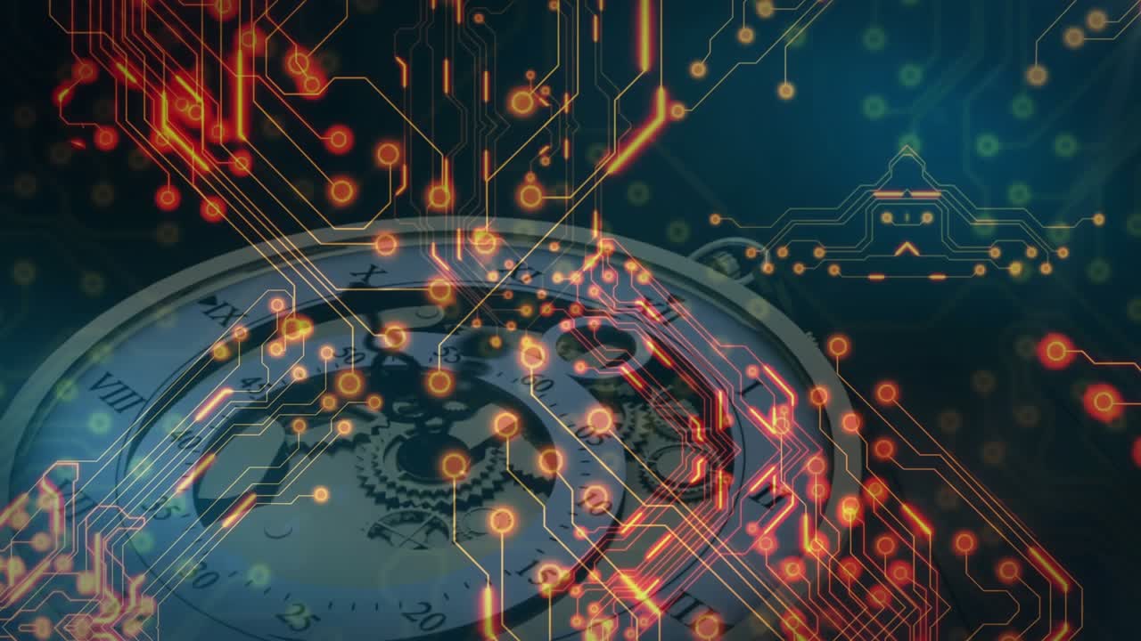 Bij de start van de analoge stopwatch wijzerplaat, met een circuitoverlay die vervaagt en pulseert voor digitale tijdfusie.