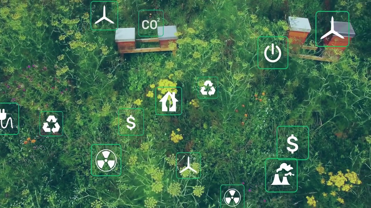 Telecamera drone che sorvola un prato e arnie, mentre icone ecologiche sfumano illustrando le tendenze energetiche.