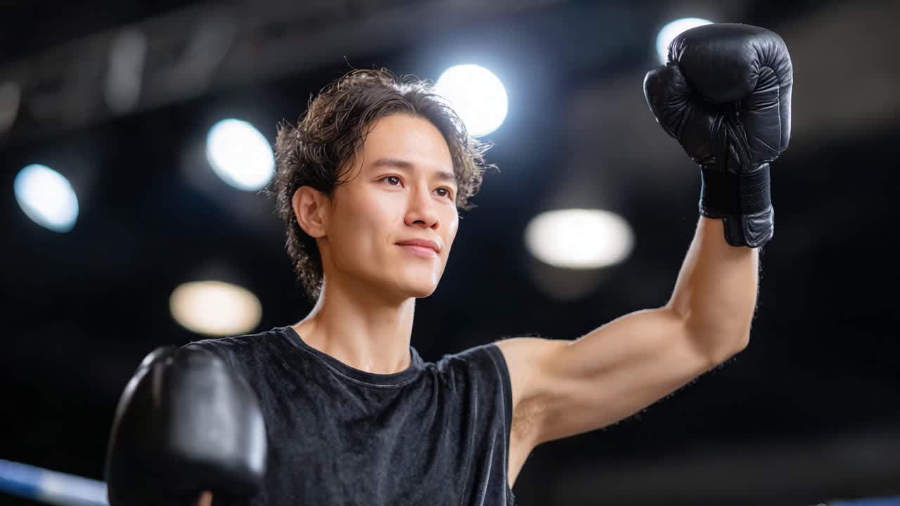 A determined young boxer celebrates victory in the ring, showcasing strength and confidence with a raised fist, embodying the spirit of triumph and athletic achievement