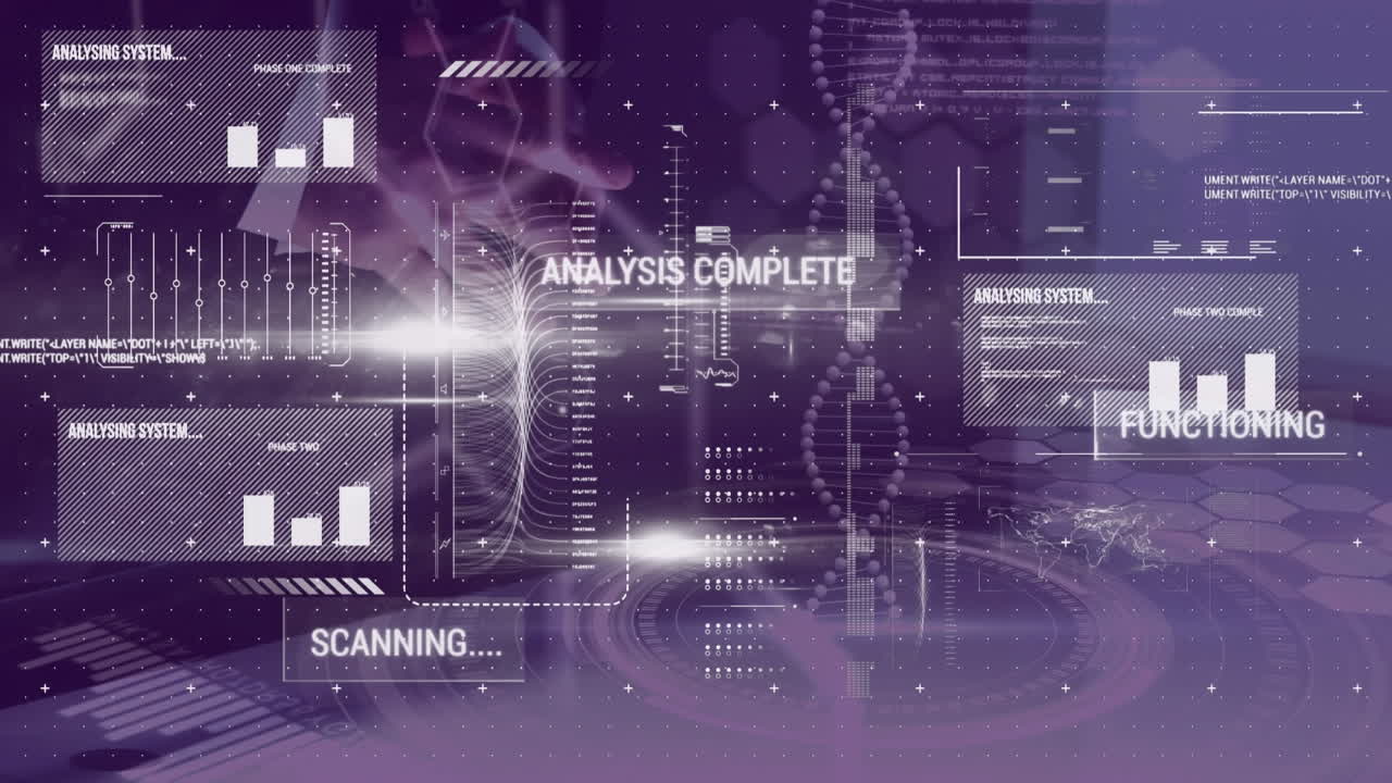 dna와 의료 데이터를 회전시키는 가상 인터페이스를 만지는 손