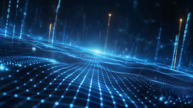 Griglia di Dati Digitali Astratta con Particelle di Codice Binario Luminose