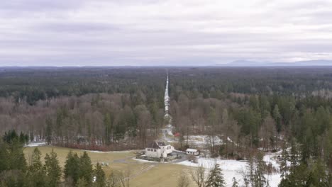 smooth dolly zoom effect at a house in the middle of a wide green forest at the winter season, filmed by a drone