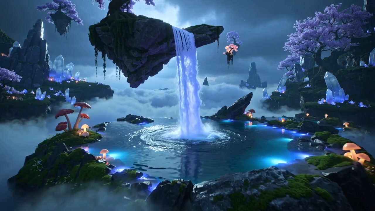 Moving camera approaching central island and waterfall over clouds, showing ripples and mushrooms