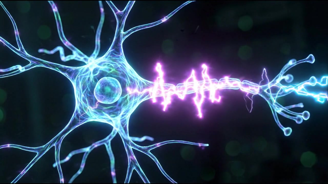 3D render of active neuron cell network firing blue energy signals