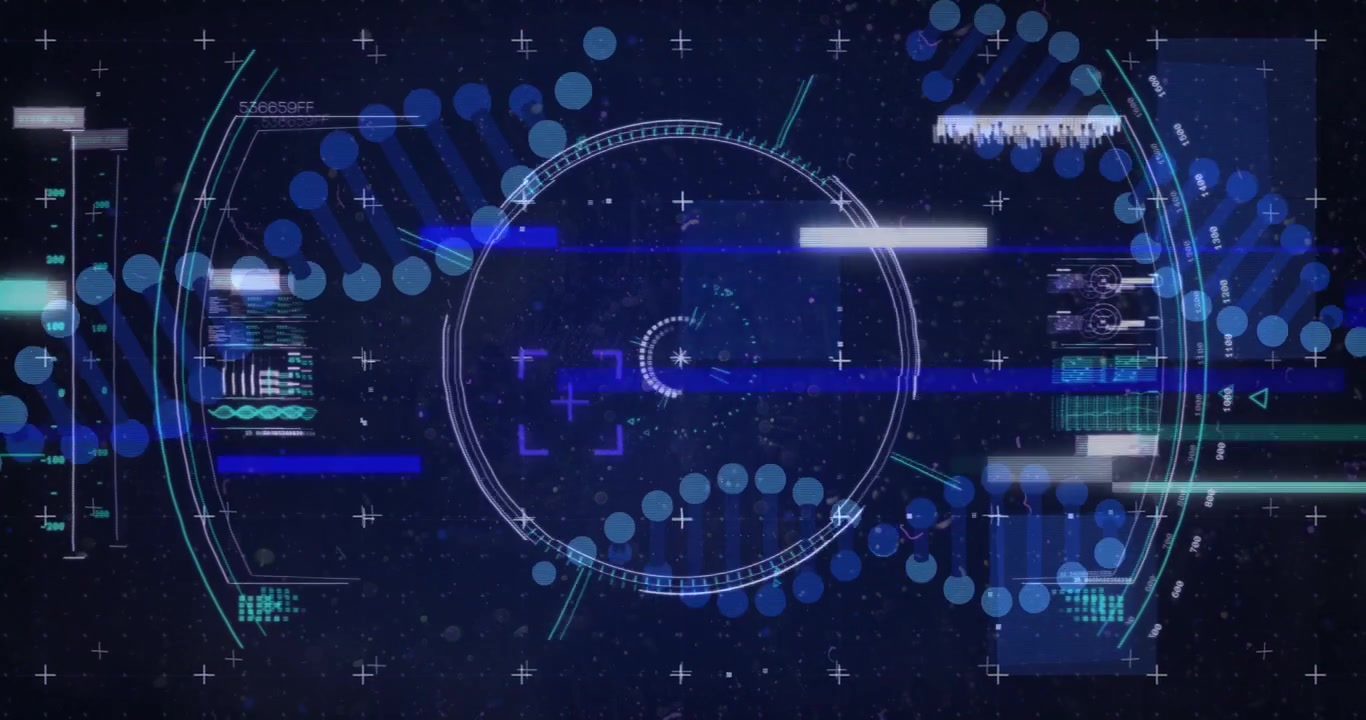 Outer ring completing, central HUD starting scan, rings rotating, blue dots sweeping for analysis