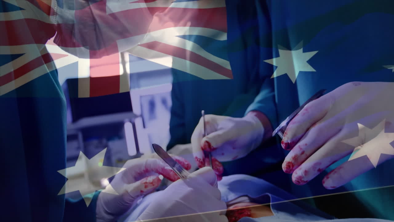 Animation of flag of australia over caucasian surgeons during surgery