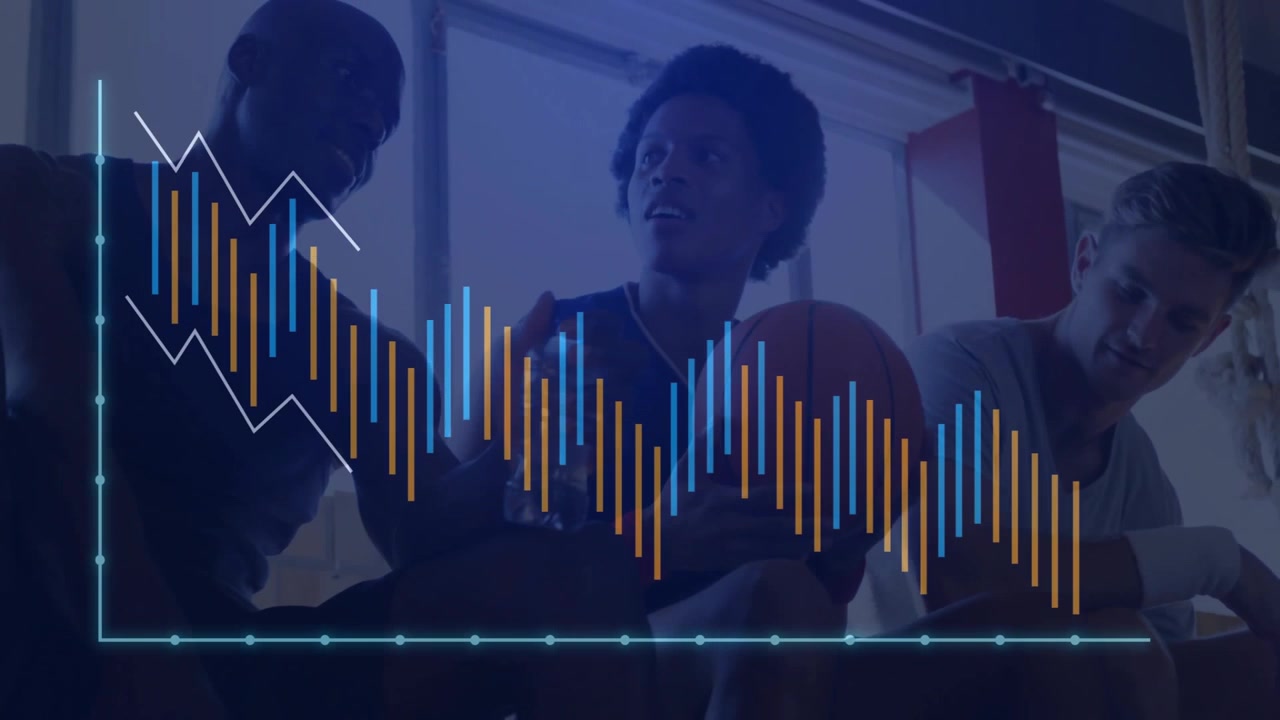 Three male teammates analyzing sports analytics in gym, showing animated line graph and bar chart