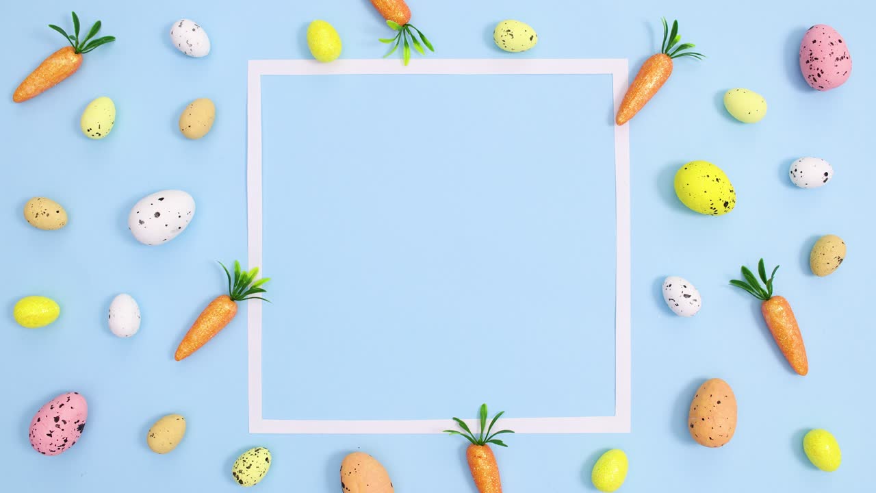 feliz pascua escriba dentro del papel con huevos de fondo azul pastel. detenga el movimiento