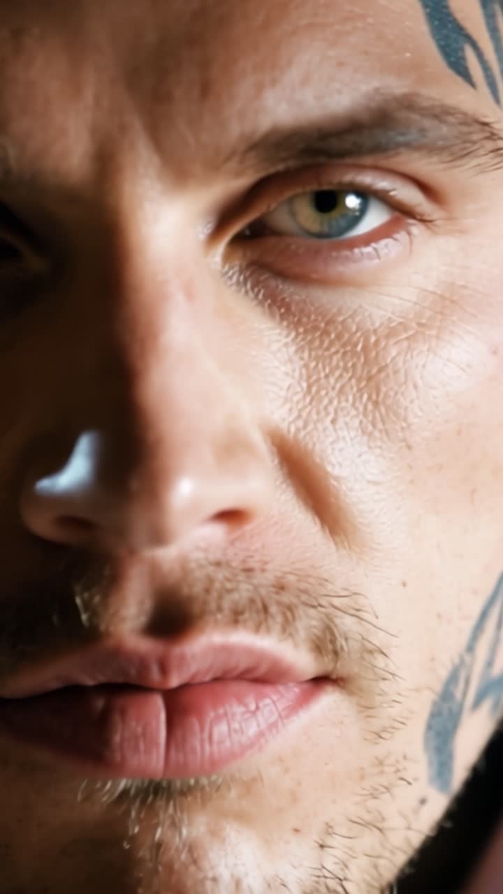 Primo piano di un uomo con uno sguardo intenso e concentrato. Tatuaggi adornano il collo e la mascella. Occhi scuri trasmettono profonda emozione e mistero. Adatto per narrazioni visive drammatiche o audaci.